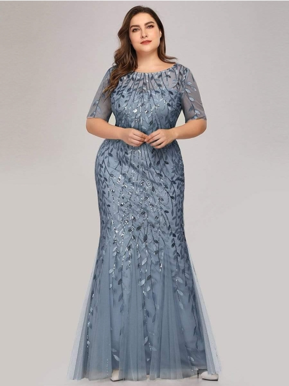Elegant Slate Blue Embroidered Tulle Evening Gown